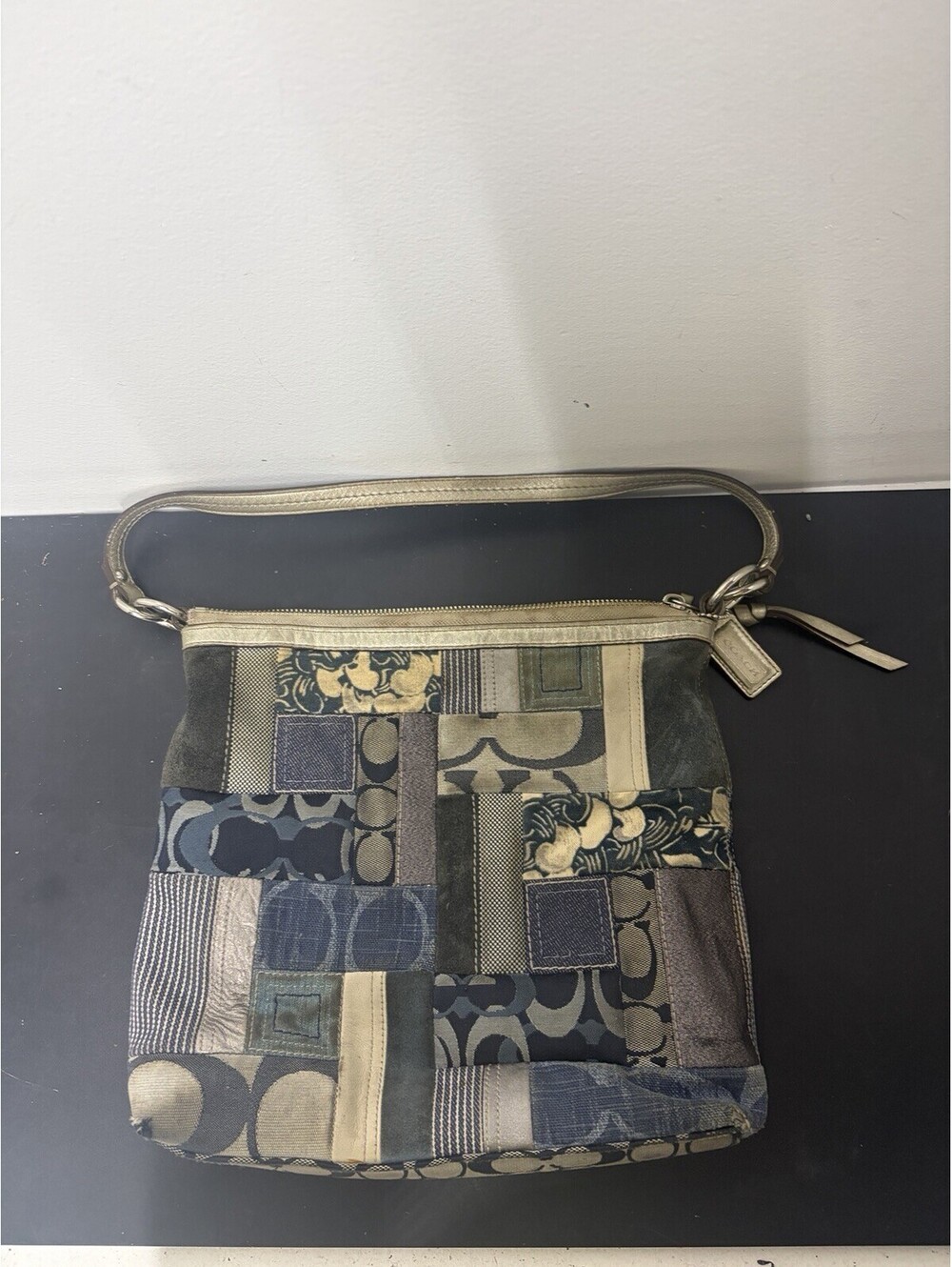 Coach Signature Patchwork Shoulder Bag With Assorted Blue & Metallic Textures